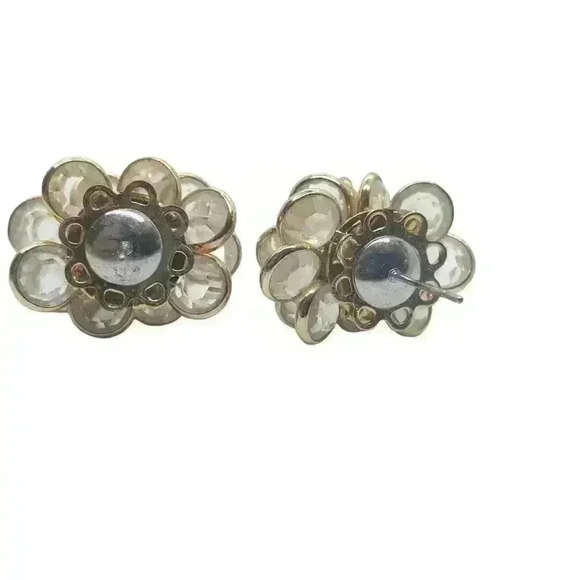 Vintage Earrings Gold Bezel Set Cluster Faceted Crystal Statement Pierced - Picture 9 of 9